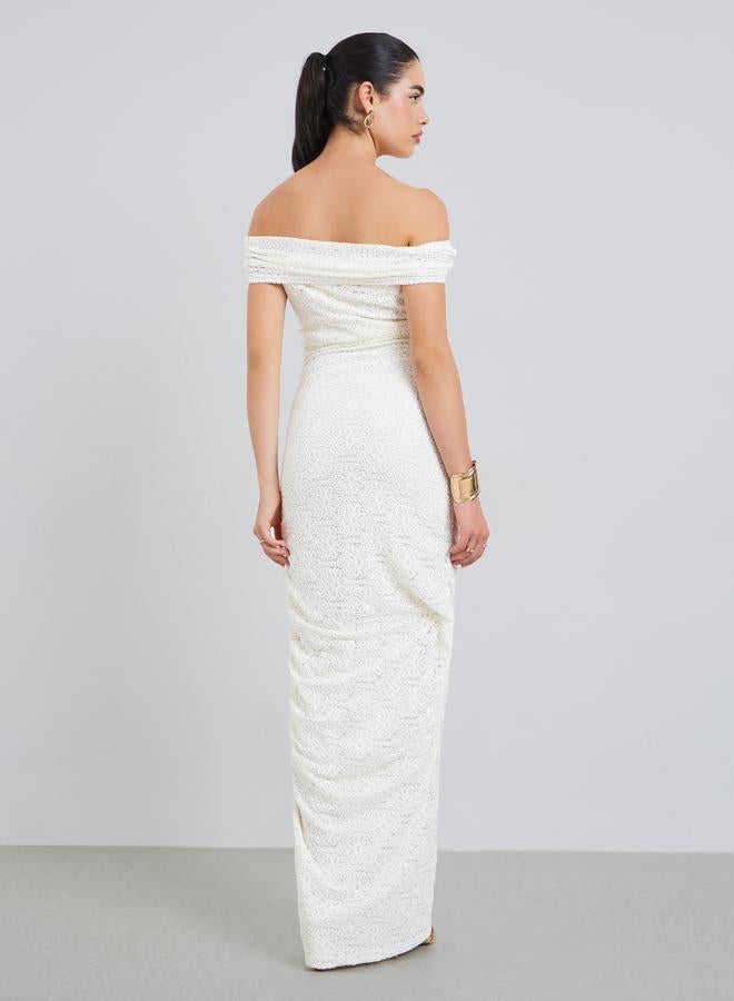 ستايلي فستان ماكسي نسائي دانتيل مكشوف الكتفين كريمي - Image 5